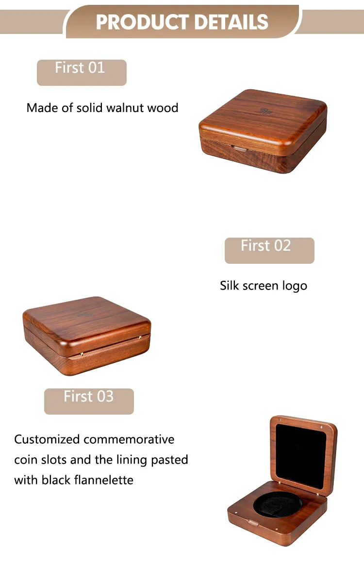 Wholesale Walnut Solid Wooden Single Coin Storage Packaging Box Coin Collection Elegant Jewelry Silver Medal Display Case