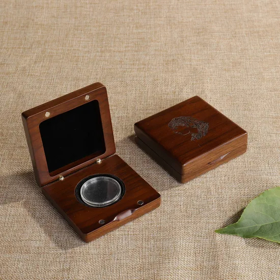 Custom Badge Souvenir Medal Case Solid Mahogany Wood Storage Decorative Box Coin Case