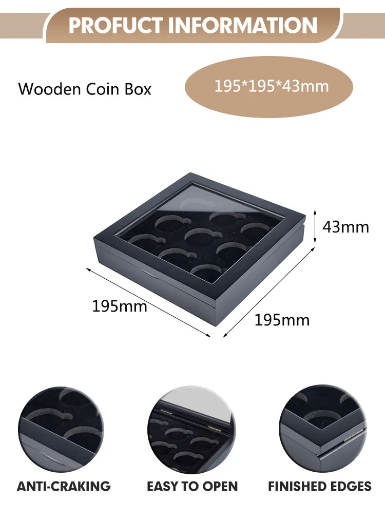 Wholesale 9 Slot Wooden Coin Box with Hinged Lid Custom Display Box for China Panda Coins and Commemorative Coins