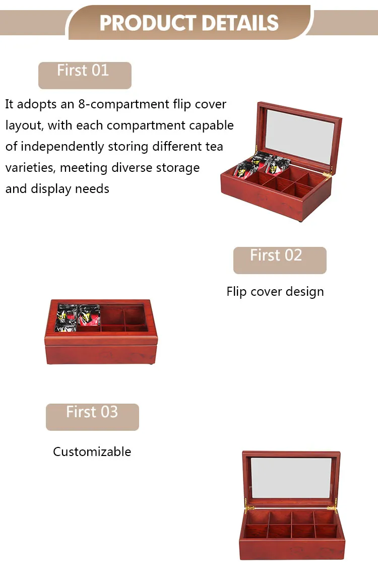Luxury Custom Red MDF Timber Acrylic Wooden Handmade Perfume Tea Bag Storage Tea Packaging Varnishing Gift Organize Box